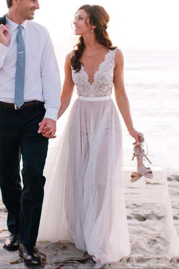 Elegant Beach Coast Wedding Dresses,Lace A Line Tulle Bridal Dresses For Beach Wedding DM168