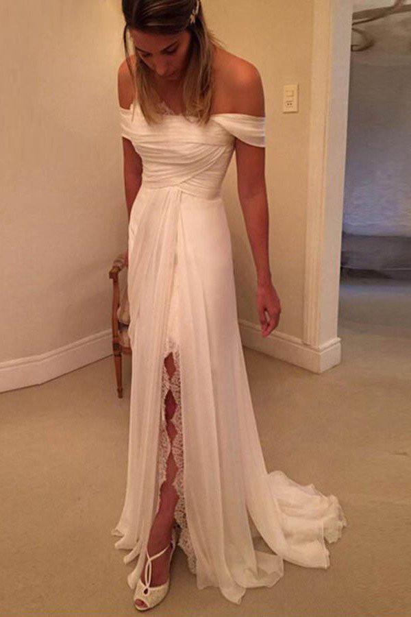 Off Shoulder Side Split Beach stunning Long Affordable Bridal Dresses/Wedding Dress DM170