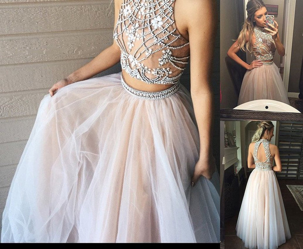 Two Piece A line Tulle Beading Pretty High Neck Prom Dresses,2 pieces Evening Dresses DM176