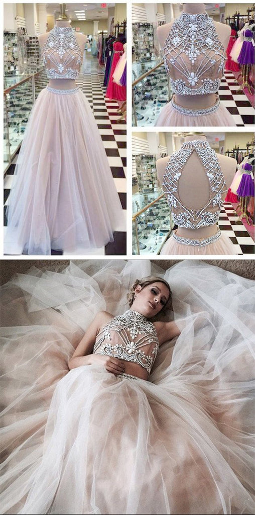 Two Piece A line Tulle Beading Pretty High Neck Prom Dresses,2 pieces Evening Dresses DM176