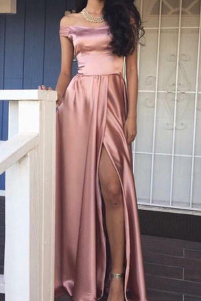 stunning Pink Long Slit Elegant off the shoulder Prom Dress, Long Evening Women Formal Dresses DM175