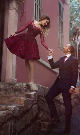 Long Sleeves Sparkly Prom Dresses,Short Purple Homecoming Dress,Sweet 16 Dress DM472