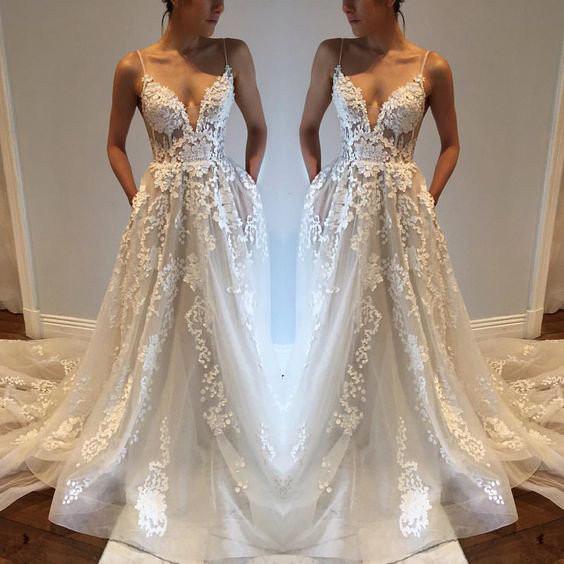 Sexy Deep V neck Lace Backless Bridal Dresses,Spaghetti Straps Beach Long Wedding Dress DM242