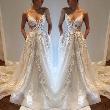 Sexy Deep V neck Lace Backless Bridal Dresses,Spaghetti Straps Beach Long Wedding Dress DM242