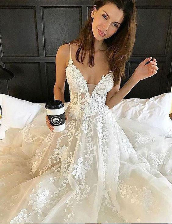 Sexy Deep V neck Lace Backless Bridal Dresses,Spaghetti Straps Beach Long Wedding Dress DM242