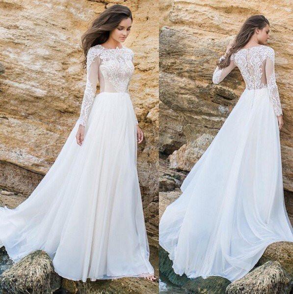 Elegant Lace Chiffon ALine Simple Long Sleeves Beach Wedding Dresses Plus Size DM241