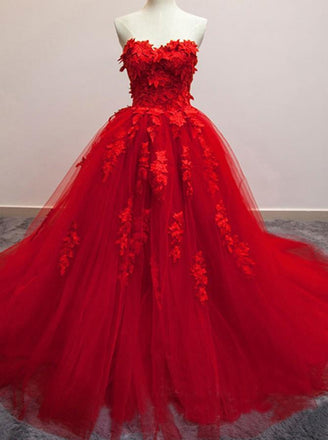 Charming Red Sweetheart Strapless Ball Gown Applique Tulle Long Prom Dress DME82