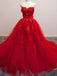 Charming Red Sweetheart Strapless Ball Gown Applique Tulle Long Prom Dress DME82
