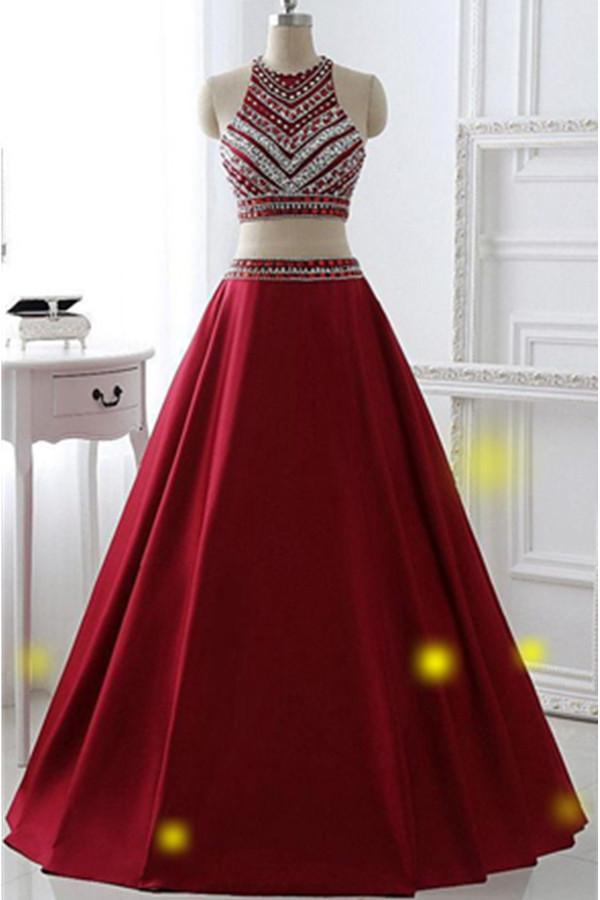 Two Pieces Burgundy Long A-line Satin Beaded Pretty Prom Dresses K695