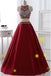 Two Pieces Burgundy Long A-line Satin Beaded Pretty Prom Dresses K695