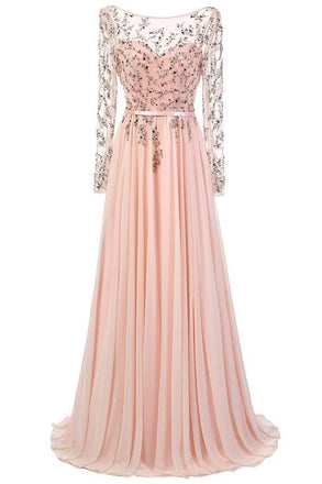 Long Sleeves Lace Pink Chiffon A-line Beading Open Back Prom Dresses K692
