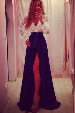 V-neck Long Sleeves Royal Blue Chiffon Lace Elegant Prom Dresses K689
