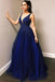 Chic A Line Royal Blue Deep V Neck Beaded Tulle Long Prom Dresses DM1003