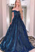 Sparkly Dark Blue A Line Sweetheart Long Off Shoulder Prom Dresses DMP029