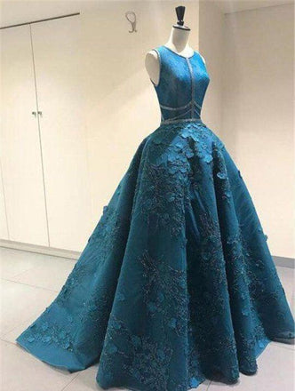 Unique Applique Formal A Line Blue Long Cheap Prom Dresses DMF96