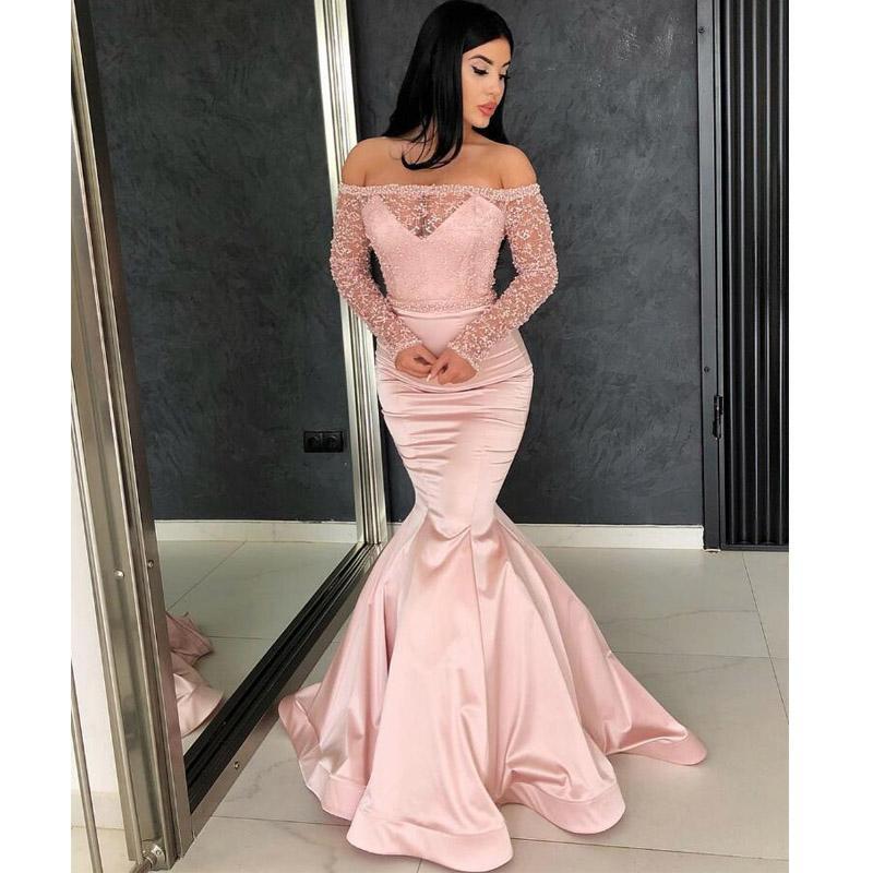 Off the Shoulder Long Sleeves Mermaid Lace Top Pink Long Prom Dresses DMG37