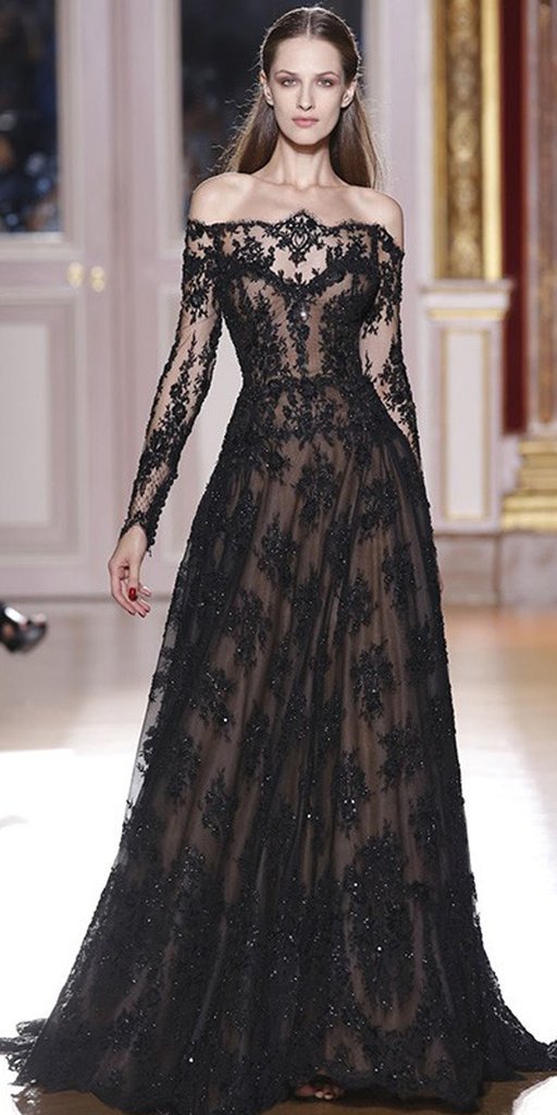 Romantic Long Sleeves Off the Shoulder Lace Appliques A Line Black Prom Dresses DMG33