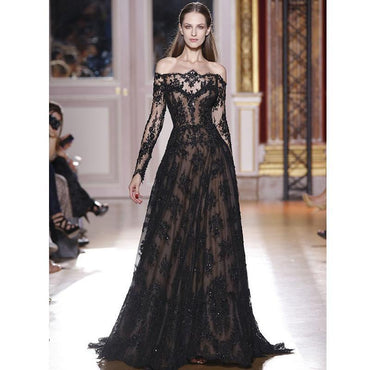 Romantic Long Sleeves Off the Shoulder Lace Appliques A Line Black Prom Dresses DMG33