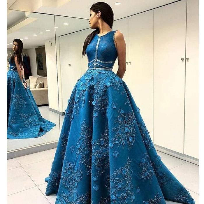 Unique Applique Formal A Line Blue Long Cheap Prom Dresses DMF96