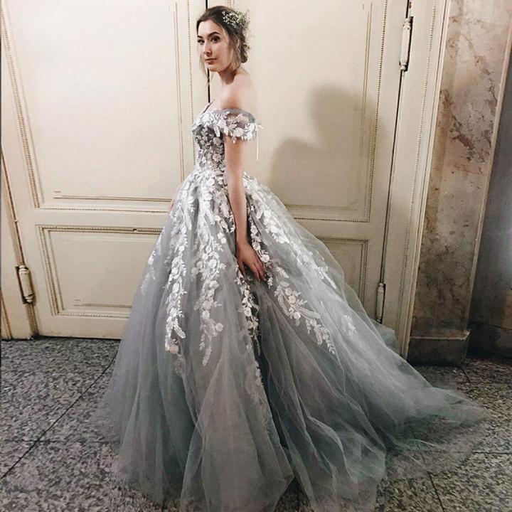 Off the Shoulder Grey Tulle Applique Charming Cheap Long Ball Gown Prom Dress DME48