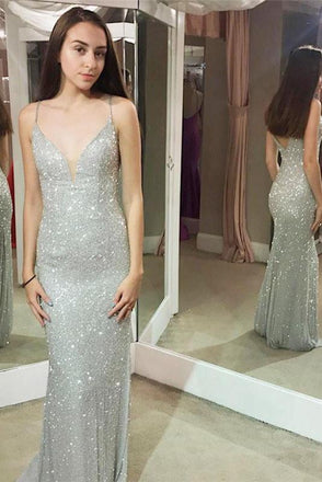 Shiny Mermaid Spaghetti Sheath Silver Long Sexy Prom Dresses DMG35