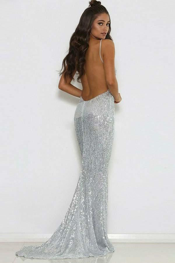 Modest Silver Mermaid Sequined Deep V Neck Backless Prom dresses,Evening Gowns DM907