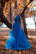 Blue One Shoulder Tulle A Line Lace Appliques Long Prom Dress, Formal Evening Dress DM1967