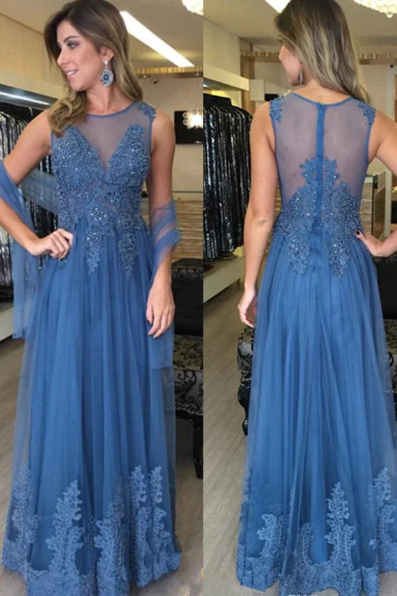 Blue Sleeveless A-line Long Tulle Prom Dress Lace Appliques Women Evening Dress DM1997