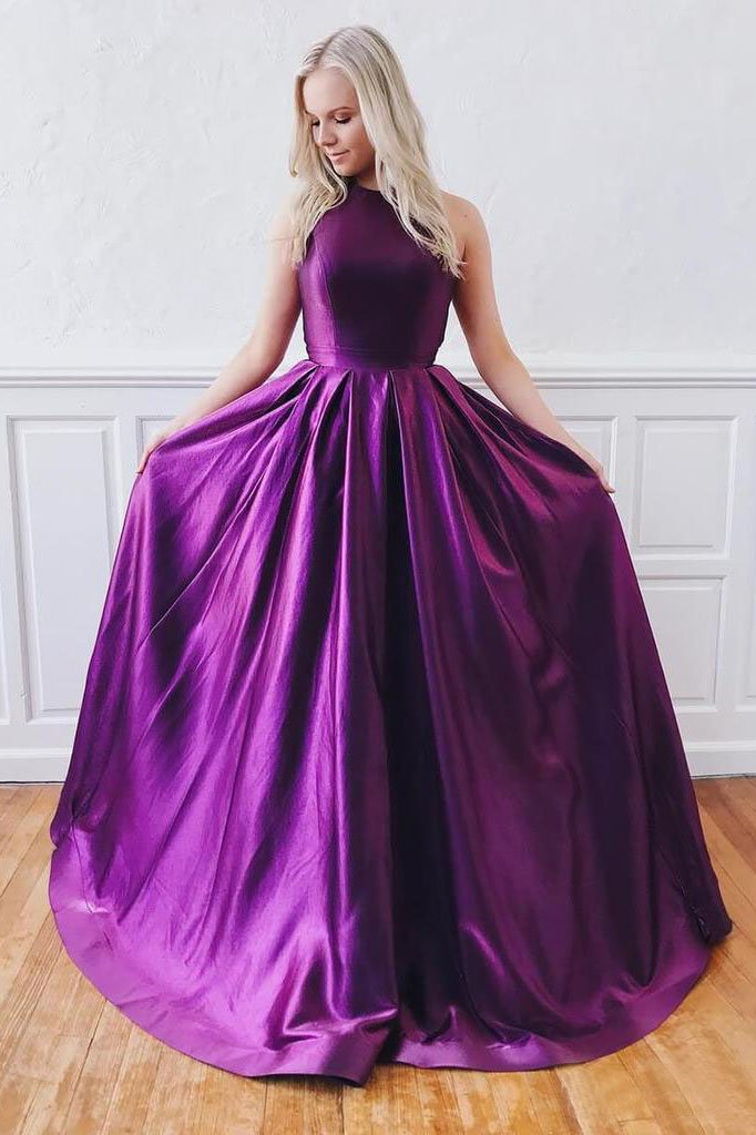 Cheap Purple Backless Long Prom Dresses With Pockets DMK51