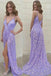 Lavendder Deep V Neck Spaghetti Straps Sequined Prom Evening Gowns, Sparkly Long Prom Dress DMP198