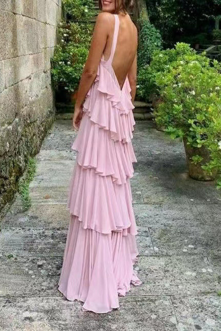 A Line Halter Tiered Chiffon Floor Length Long Prom Dress Pink Bridesmaid Dress DMP225