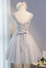 A Line Lace Appliques Short Gray V Neck Homecoming Dresses DMD1