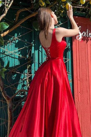 Fashion Red Satin High Slit Long Prom Dress, A Line Formal Evening Dress DM1024