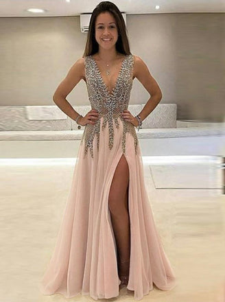 A-line V-neck Tulle Sexy Shinny Rhinestone Long Prom Dress With Slit DMA89