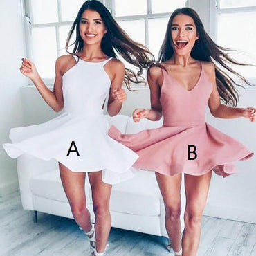 Cute A-Line Jewel Backless Sleeveless Short Junior White/Blush Satin Homecoming Dress DM317