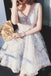 A Line V neck Lace Sleeveless Tulle Short Ball Gowns Light Grey Short Homecoming Dress DM204