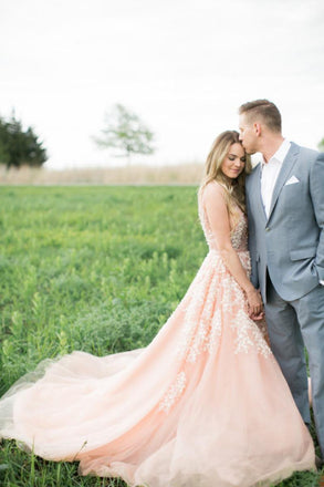 Blush Pink Long Tulle Appliques Wedding Dress With Cathedral Train,Prom Dresses DM904