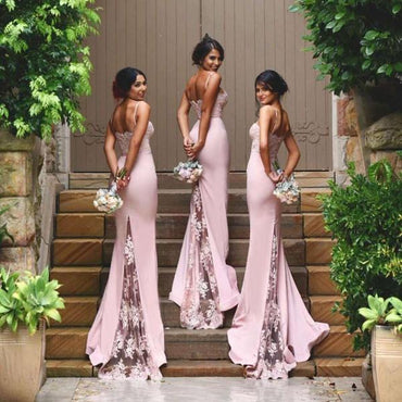 New Arrival Pink stunning Spaghetti Straps Lace High Quality Mermaid Long Bridesmaid Dresses DM345