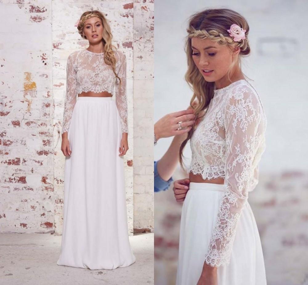 Two Pieces Long Sleeves Lace Beach Wedding/Bridal Dresses,Elegant White Sexy Wedding Gown DM261