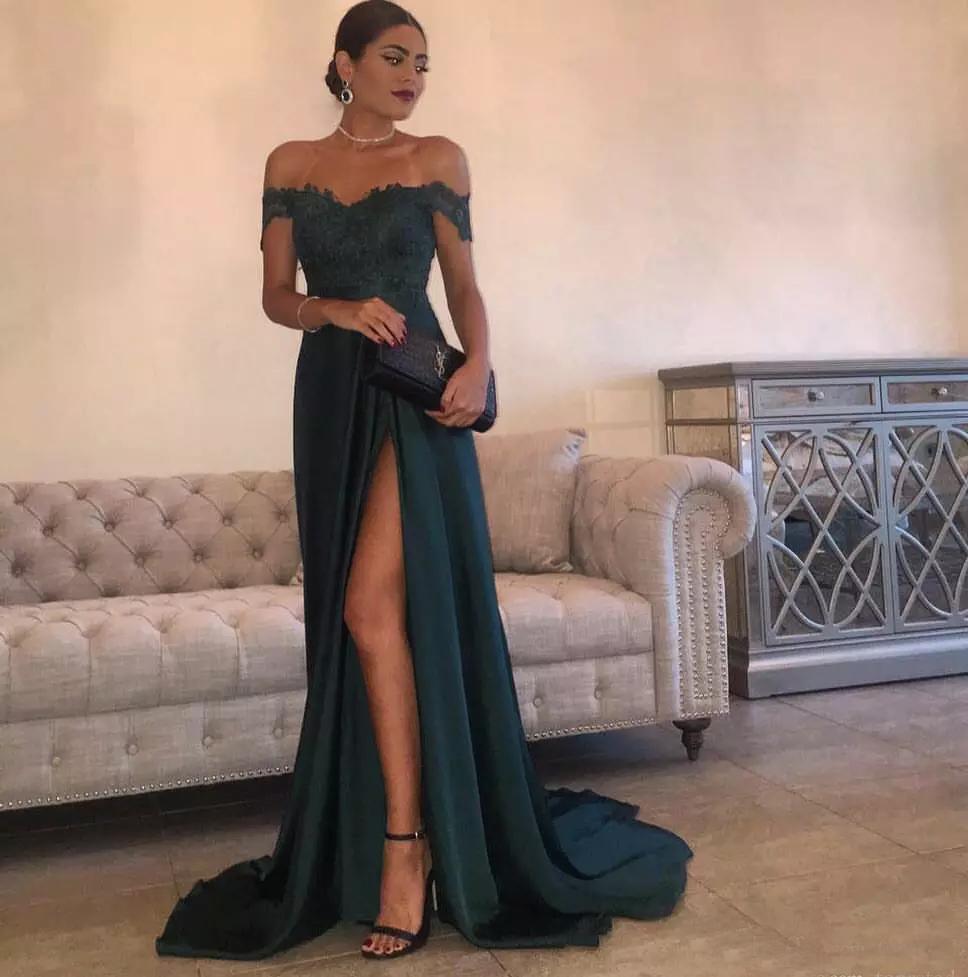 A Line Dark Green Chiffon High Split Prom Dress,Sexy Lace Top Party Gown DM842