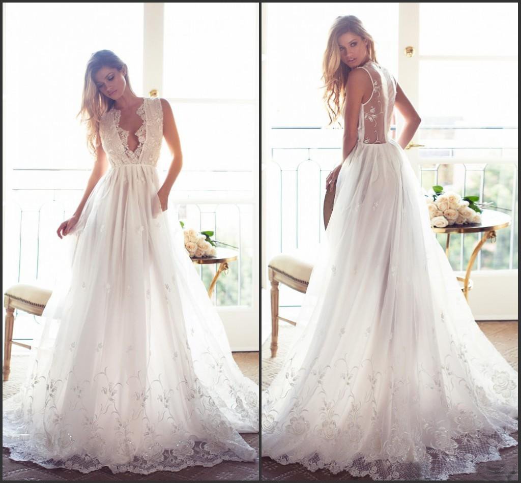 Modest A Line Chiffon V-neck Long Appliqued Wedding Dresses,Custom Made Beach Wedding Dress DM268