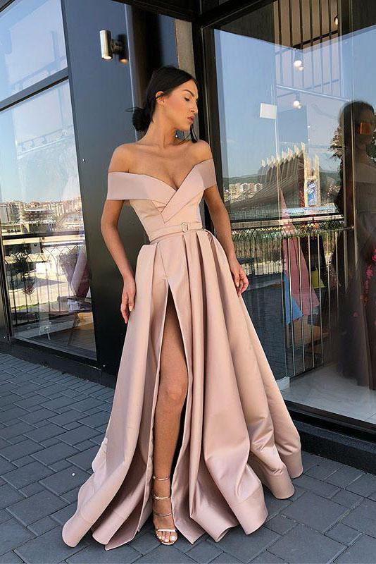 Elegant Off the Shoulder Party Gown Satin Sexy Prom Dress High Slit DMK4