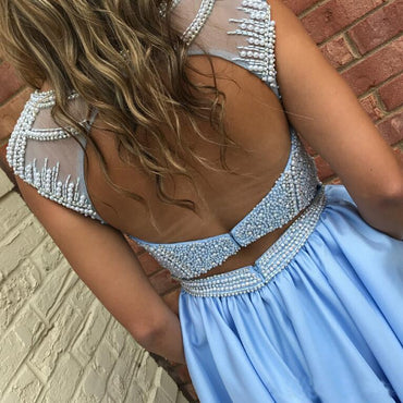 Cute Sparkly Beads Short Blue Open Back Homecoming Dress with Pockets DM438