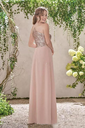 Rose Gold A Line Backless Bridesmaid Dresses,Sequins Chiffon Cheap Beach Bridesmaid Dress DMI11