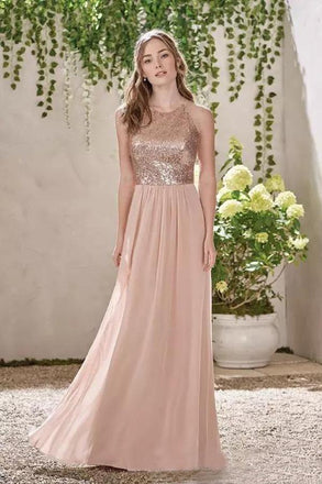 Rose Gold A Line Backless Bridesmaid Dresses,Sequins Chiffon Cheap Beach Bridesmaid Dress DMI11