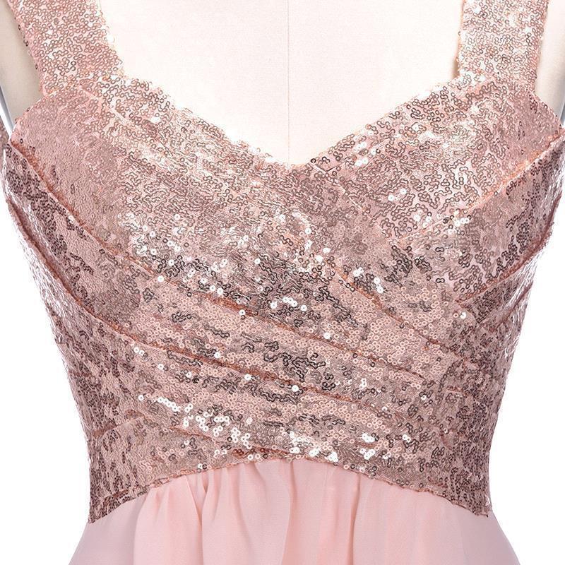 Rose Gold A Line Spaghetti Straps Prom Gown Backless Sequins Chiffon Bridesmaid Dress OKI10 – Demodresses