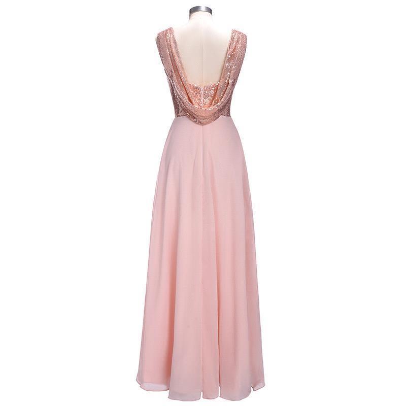 Rose Gold A Line Spaghetti Straps Prom Gown Backless Sequins Chiffon Bridesmaid Dress DMI10