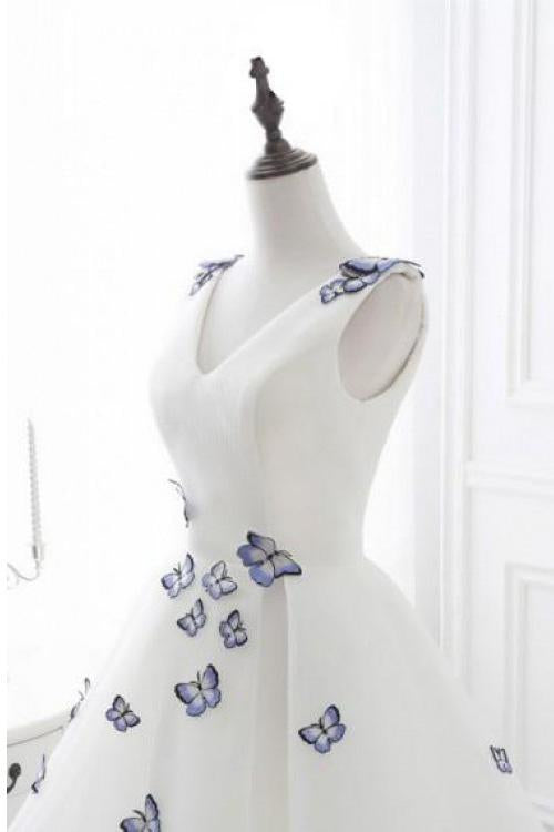 V-Neck Ivory Short Chic Butterfly Ivory A Line Short Homecoming Dress DMA62