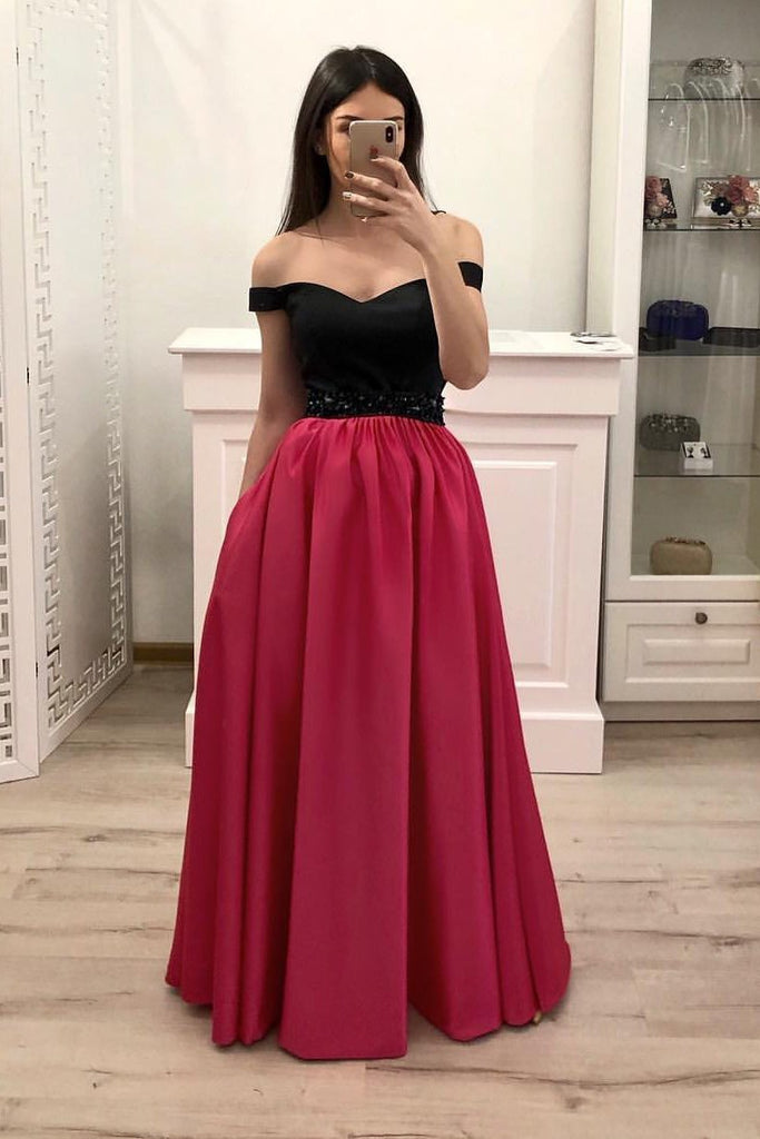 Hot Pink Satin Long Prom Gown With Pockets, Simple Beaded Evening Dresses With Black Top DMI14