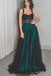 A Line Long Dark Green Black Straps Prom Dresses, Cheap Evening Gown DMH71